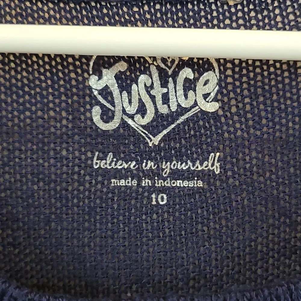 Justice Navy Blue Spring Lightweight Sweater Glitter Medallion Tab Sleeves Sz 10